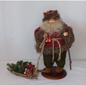 Rustic Santa Claus Pulling Sleigh Felt And Fur Wood Stand Pinecones Berries VTG